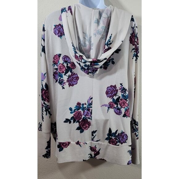 It's Our Time White Purple Floral Open Front Hooded Cardigan Sweater Large Soft - Picture 6 of 6